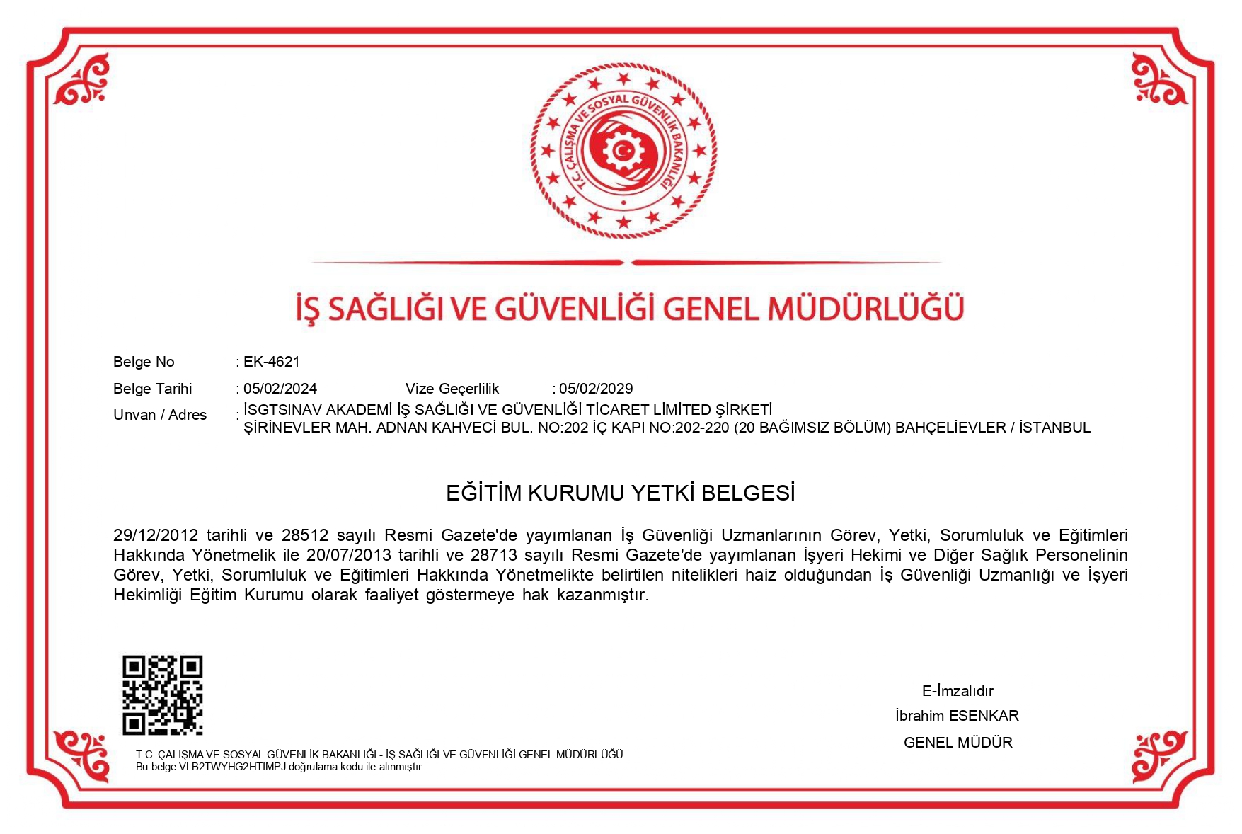 Istanbul Sirinevler ISG Kursu Yetki Belgesi