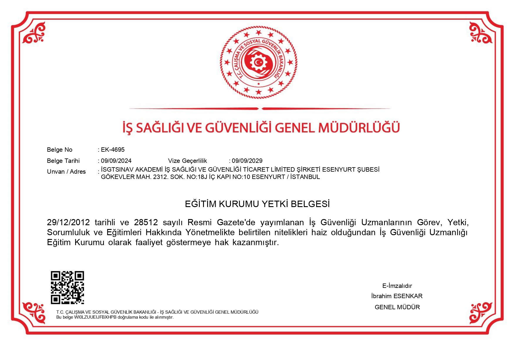 Istanbul Beylikduzu ISG Kursu Yetki Belgesi