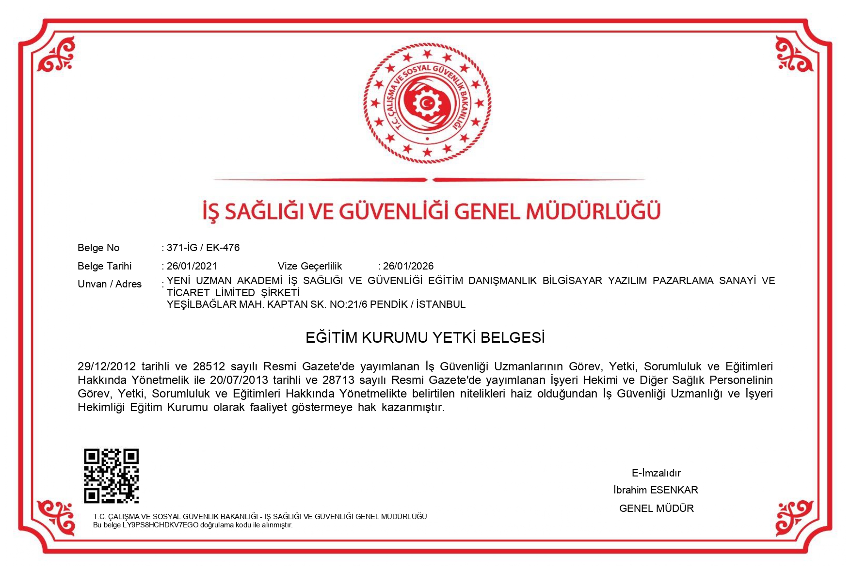 Istanbul Pendik ISG Kursu Yetki Belgesi