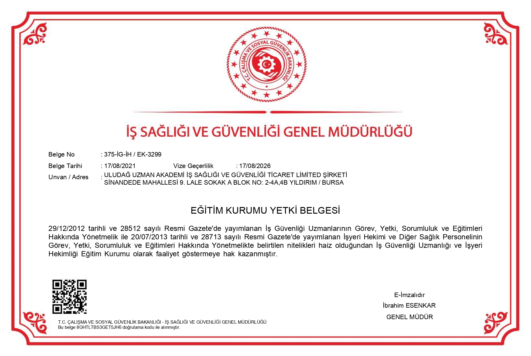 Bursa Merkez ISG Kursu Yetki Belgesi