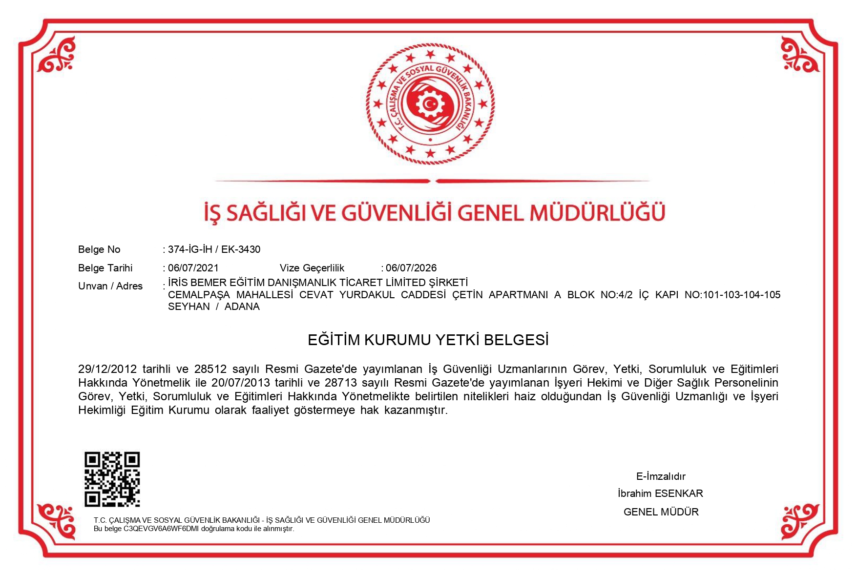 Adana Merkez ISG Kursu Yetki Belgesi